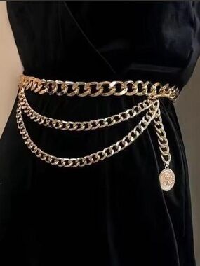 Gold Multi-Row Chain Waist Belt with Coin Charm